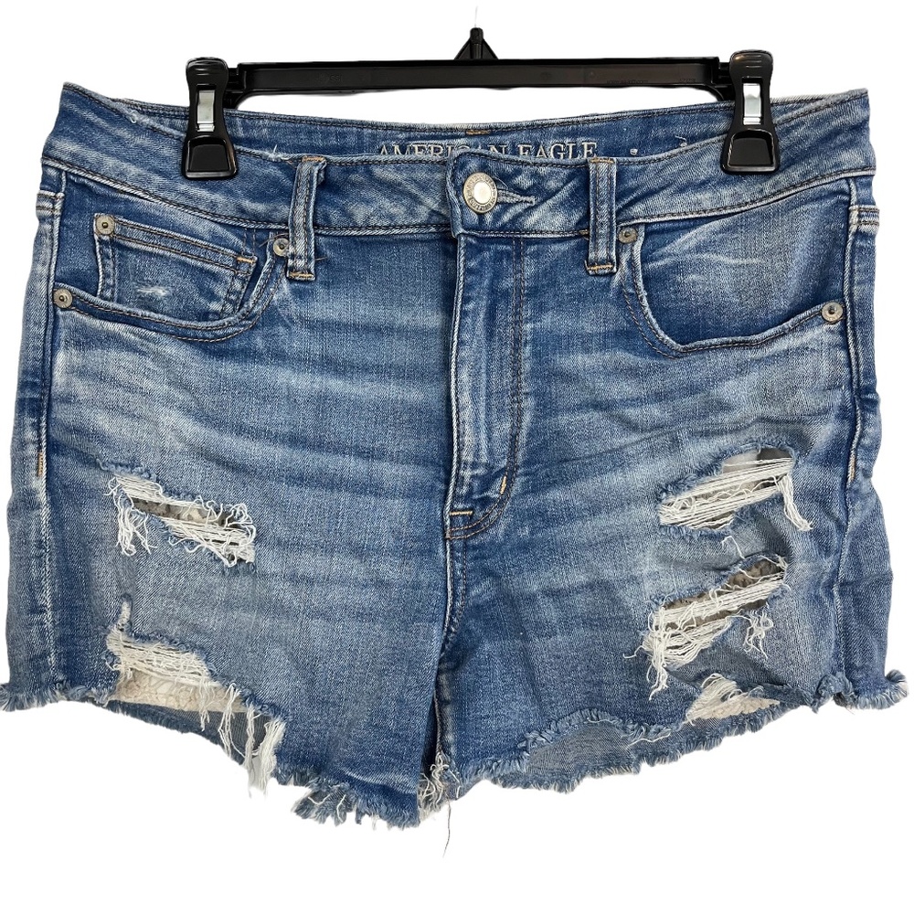 AMERICAN EAGLE HI-RISE SHORTIE Distressed Cut Off Raw Hem Denim Jean Shorts 12